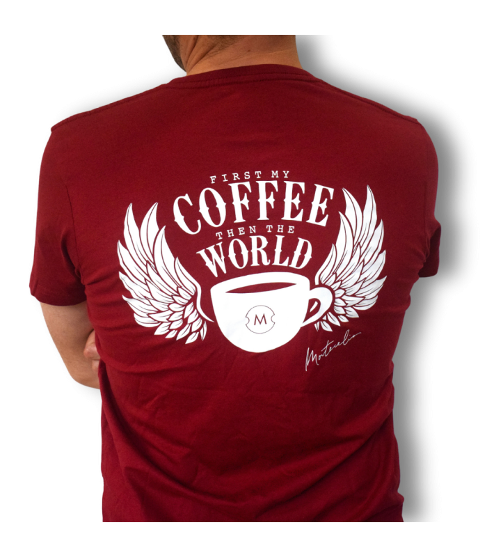 Camiseta roja Coffee World – Merchandising oficial para amantes del café