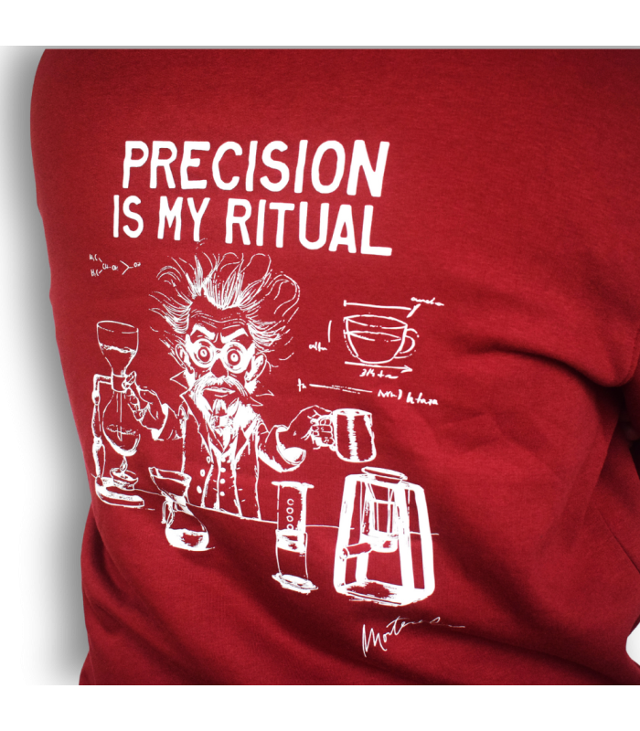 Sudadera roja Precision Is My Ritual | Merchandising Montecelio Café