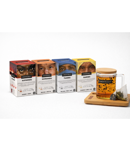 Pack de 4 infusiones en pirámide + tetera de cristal con tapa de bambú