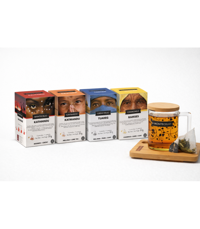 Pack de 4 infusiones en pirámide + tetera de cristal con tapa de bambú